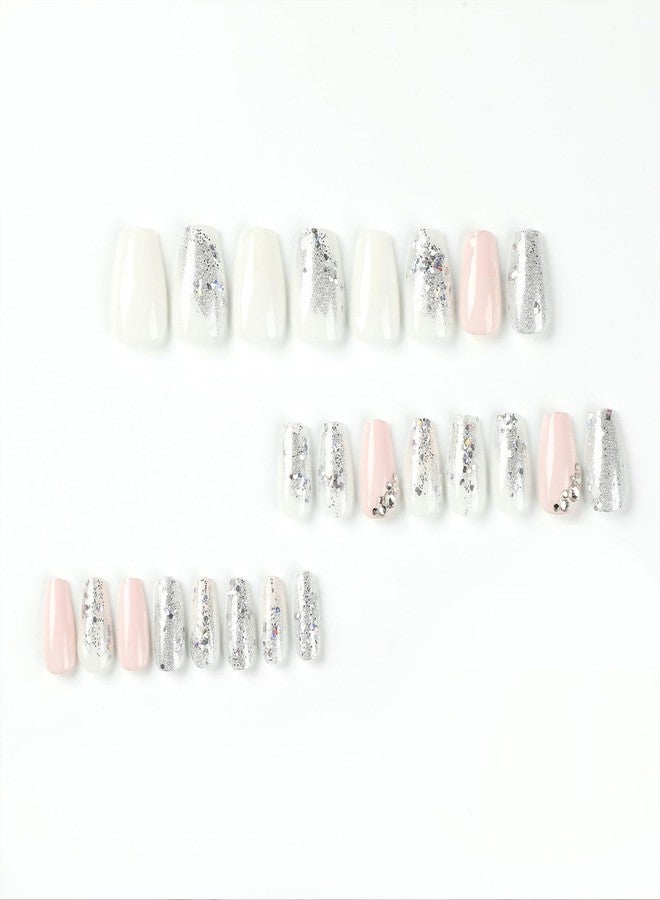 Vopintpy Silver Glitter Press on Nails Medium Square Fake Nails with Rhinestones Design Glossy Pink White Artificial False Nails for Women Girls DIY Manicure Decoration Reusable Stick on Nails Glue on Nails - Image 2